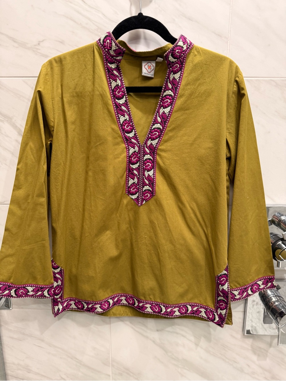 Embroidered Olive Green Tunic with Magenta Trim